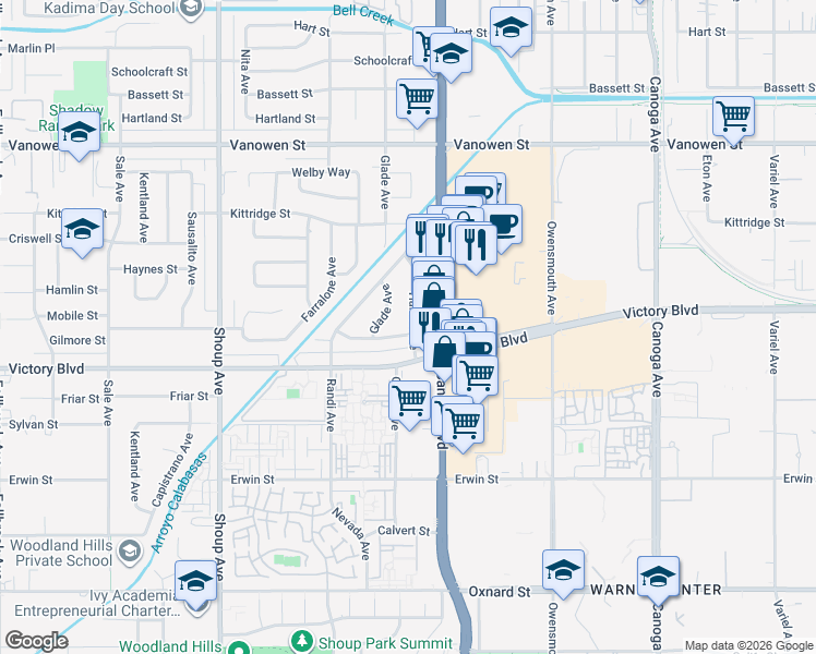 map of restaurants, bars, coffee shops, grocery stores, and more near 22031 Gilmore Street in Los Angeles