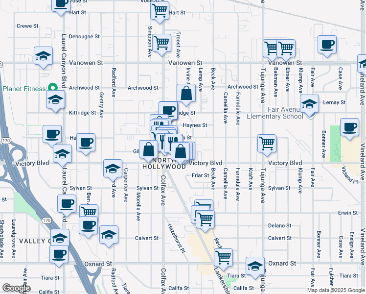 map of restaurants, bars, coffee shops, grocery stores, and more near 6442 Troost Avenue in Los Angeles
