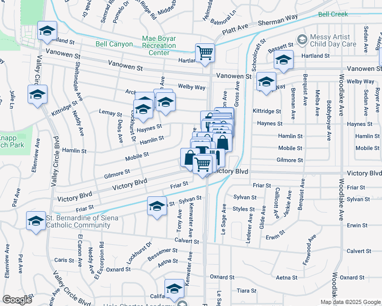 map of restaurants, bars, coffee shops, grocery stores, and more near 6416 Kenwater Place in Los Angeles