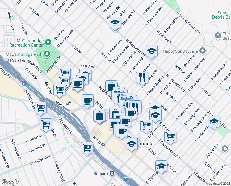 map of restaurants, bars, coffee shops, grocery stores, and more near 418 East Harvard Road in Burbank