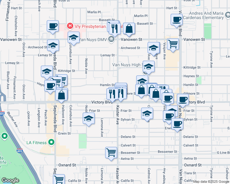 map of restaurants, bars, coffee shops, grocery stores, and more near 6461 Kester Avenue in Los Angeles