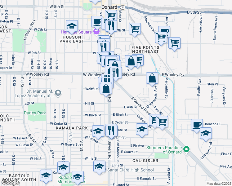 map of restaurants, bars, coffee shops, grocery stores, and more near 1222 Saviers Road in Oxnard