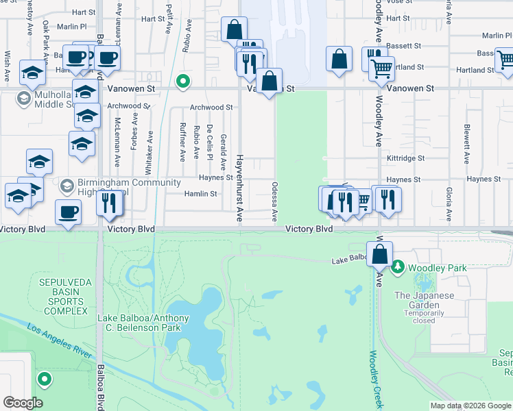 map of restaurants, bars, coffee shops, grocery stores, and more near 16431 Gilmore Street in Los Angeles