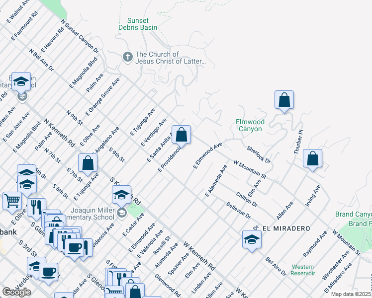 map of restaurants, bars, coffee shops, grocery stores, and more near 1056 East Providencia Avenue in Burbank
