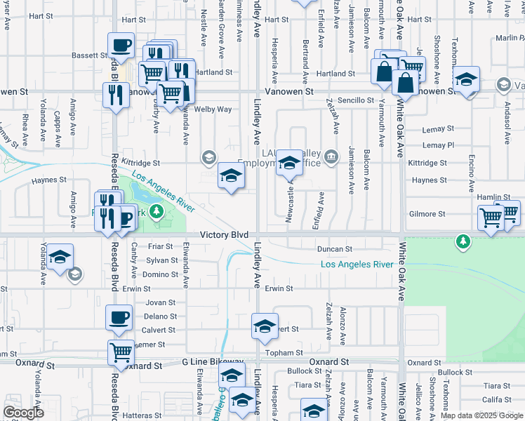map of restaurants, bars, coffee shops, grocery stores, and more near 6438 Lindley Avenue in Los Angeles