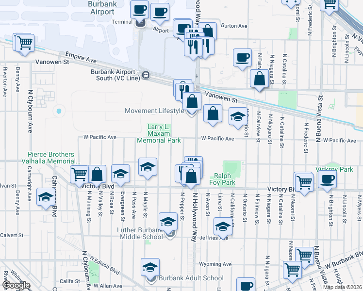 map of restaurants, bars, coffee shops, grocery stores, and more near 2131 North Pepper Street in Burbank