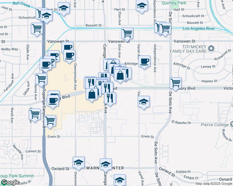 map of restaurants, bars, coffee shops, grocery stores, and more near 21300 Victory Boulevard in Los Angeles