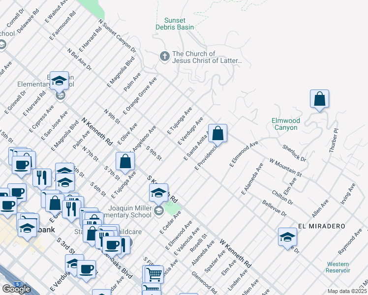 map of restaurants, bars, coffee shops, grocery stores, and more near 410 South Bel Aire Drive in Burbank