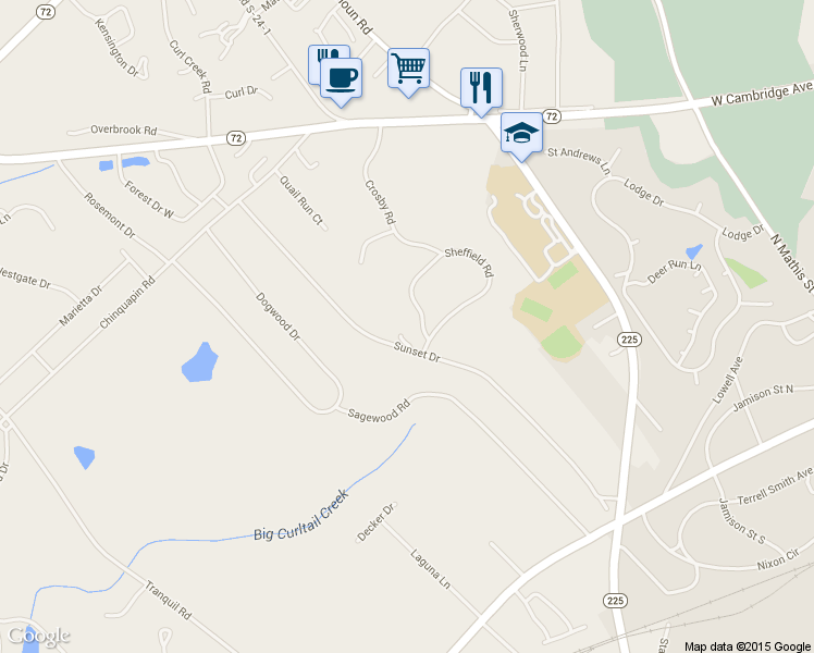 map of restaurants, bars, coffee shops, grocery stores, and more near 214 Sheffield Road in Greenwood