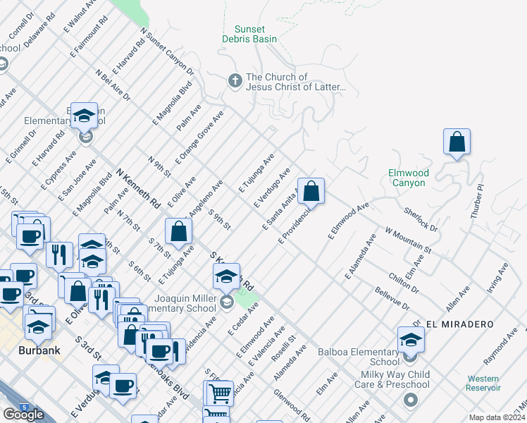 map of restaurants, bars, coffee shops, grocery stores, and more near 410 South Bel Aire Drive in Burbank