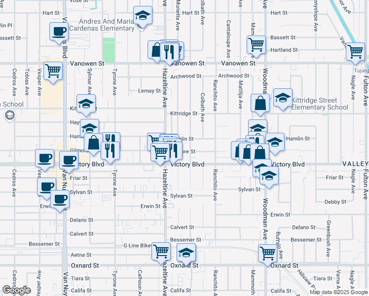 map of restaurants, bars, coffee shops, grocery stores, and more near 14013 Gilmore Street in Los Angeles
