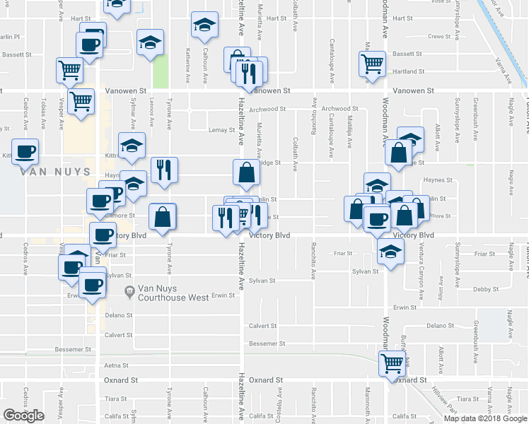 map of restaurants, bars, coffee shops, grocery stores, and more near 14025 Gilmore Street in Los Angeles