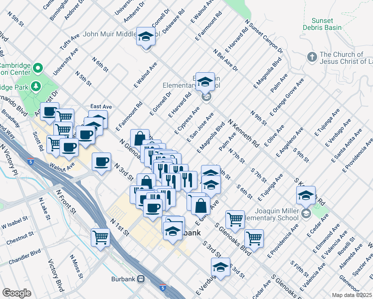 map of restaurants, bars, coffee shops, grocery stores, and more near 554 East San Jose Avenue in Burbank