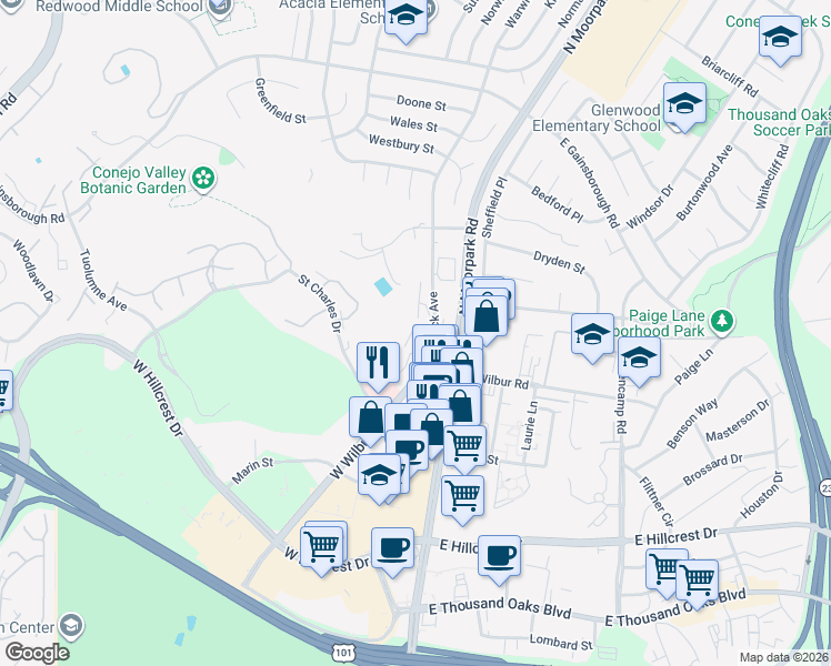 map of restaurants, bars, coffee shops, grocery stores, and more near 751 Warwick Avenue in Thousand Oaks
