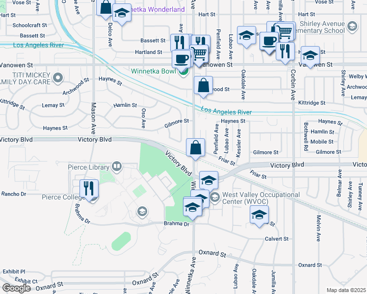 map of restaurants, bars, coffee shops, grocery stores, and more near 6501 Laramie Avenue in Los Angeles