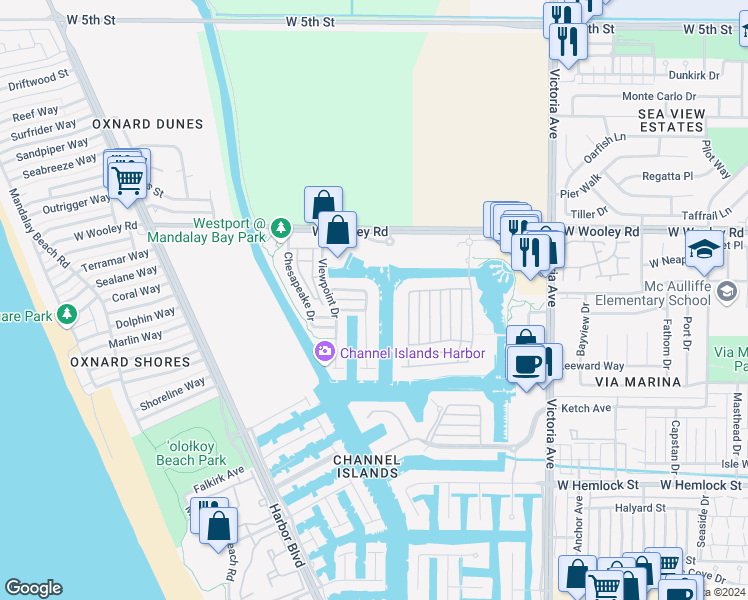 map of restaurants, bars, coffee shops, grocery stores, and more near 1334 Twin Tides Place in Oxnard