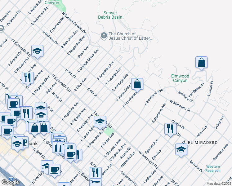 map of restaurants, bars, coffee shops, grocery stores, and more near 410 South Bel Aire Drive in Burbank