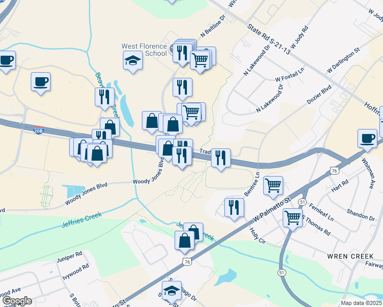 map of restaurants, bars, coffee shops, grocery stores, and more near 2367 David H McLeod Boulevard in Florence