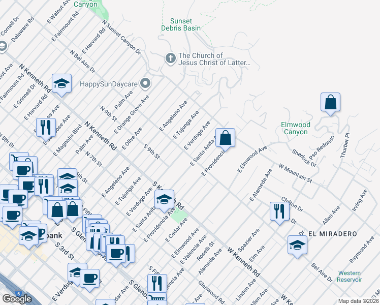 map of restaurants, bars, coffee shops, grocery stores, and more near 410 South Bel Aire Drive in Burbank