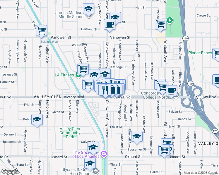 map of restaurants, bars, coffee shops, grocery stores, and more near 6440 Coldwater Canyon Avenue in Los Angeles