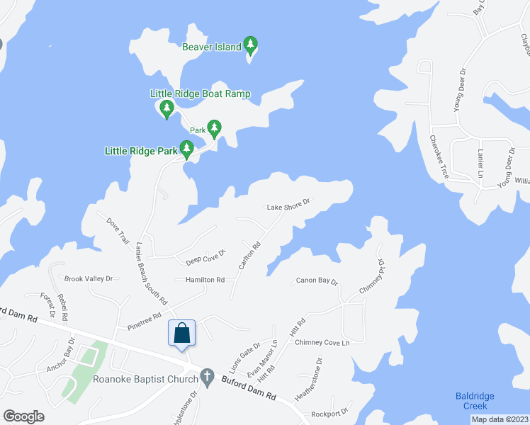 map of restaurants, bars, coffee shops, grocery stores, and more near 3350 Lake Shore Drive in Cumming