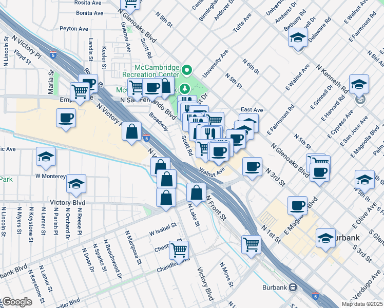 map of restaurants, bars, coffee shops, grocery stores, and more near 1120 Scott Road in Burbank