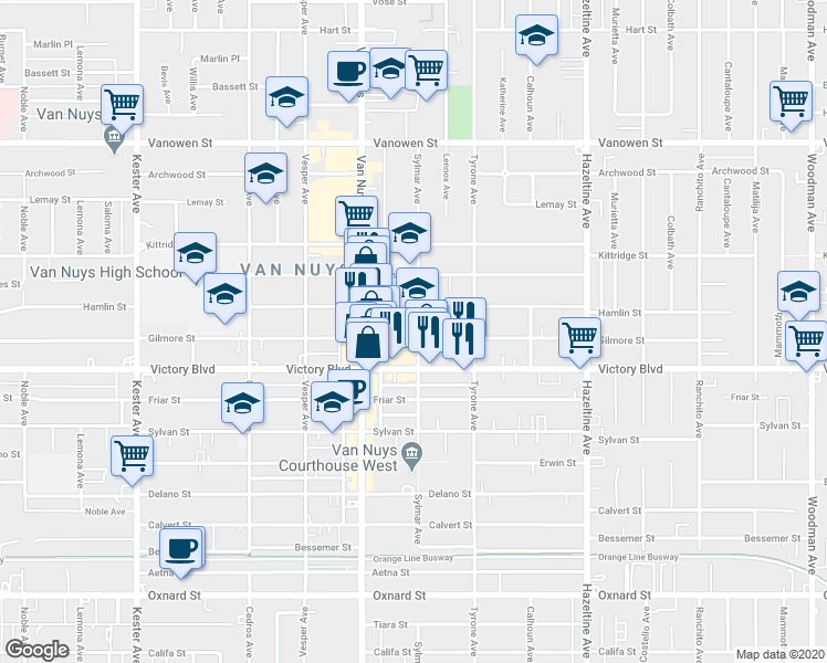 map of restaurants, bars, coffee shops, grocery stores, and more near 14340 Gilmore Street in Los Angeles