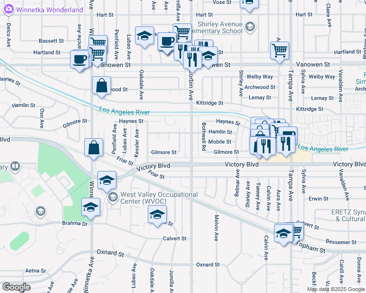 map of restaurants, bars, coffee shops, grocery stores, and more near 6440 Jumilla Avenue in Los Angeles