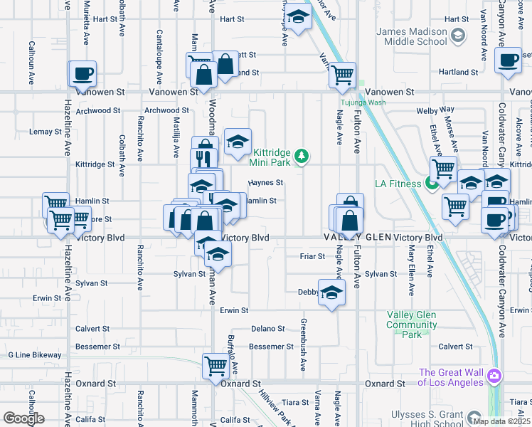 map of restaurants, bars, coffee shops, grocery stores, and more near 13531 Gilmore Street in Los Angeles