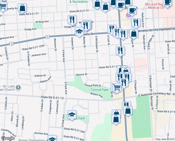 map of restaurants, bars, coffee shops, grocery stores, and more near 601 Warley Street in Florence