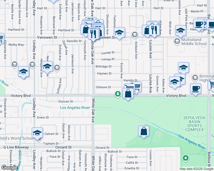 map of restaurants, bars, coffee shops, grocery stores, and more near 17601 Gilmore Street in Los Angeles