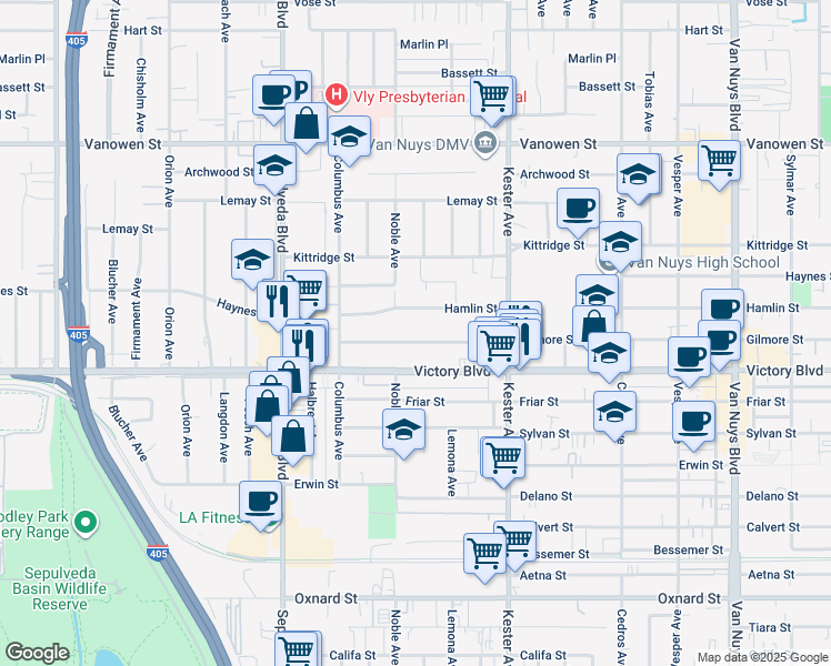 map of restaurants, bars, coffee shops, grocery stores, and more near 15043 Gilmore Street in Los Angeles