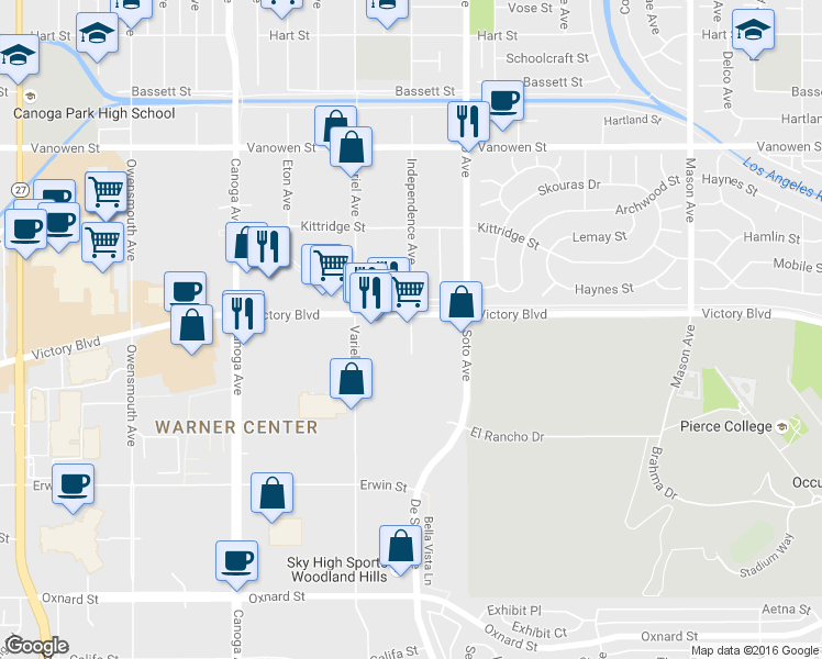 map of restaurants, bars, coffee shops, grocery stores, and more near 6459 Independence Ave in Los Angeles
