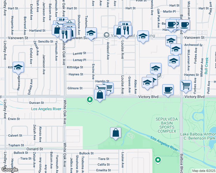 map of restaurants, bars, coffee shops, grocery stores, and more near 17361 Gilmore Street in Los Angeles
