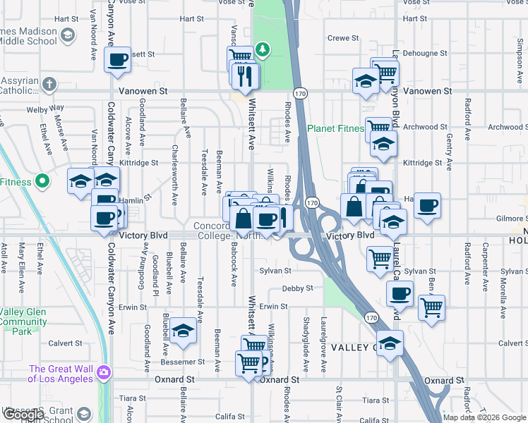 map of restaurants, bars, coffee shops, grocery stores, and more near 6610 Whitsett Avenue in Los Angeles