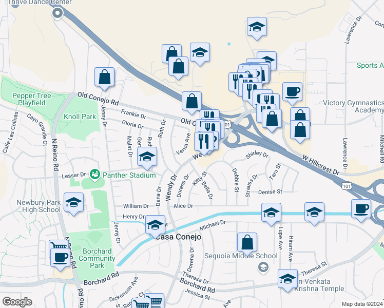 map of restaurants, bars, coffee shops, grocery stores, and more near 683 Wendy Drive in Ventura County
