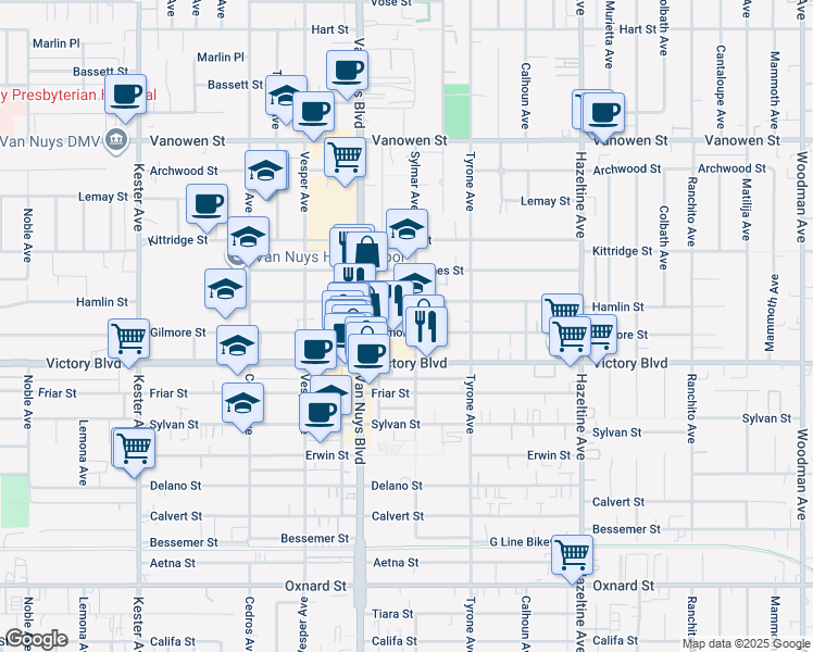 map of restaurants, bars, coffee shops, grocery stores, and more near 14407 Gilmore Street in Los Angeles