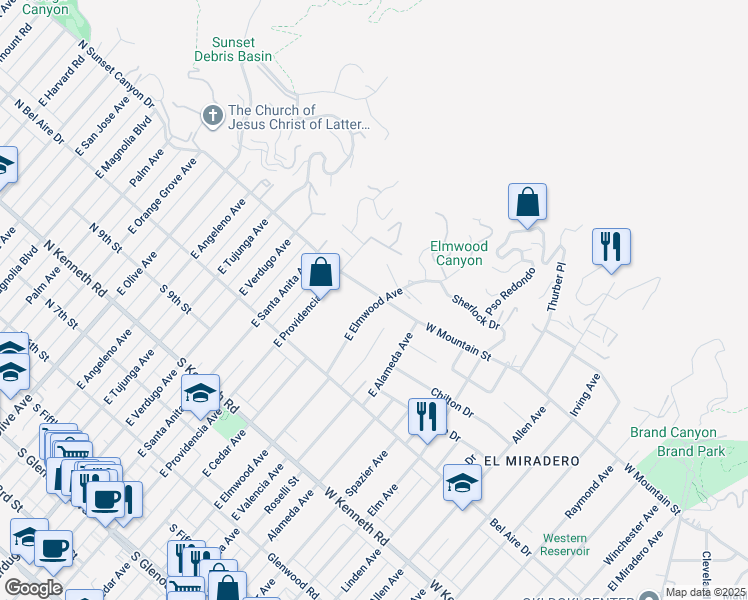 map of restaurants, bars, coffee shops, grocery stores, and more near 713 South Sunset Canyon Drive in Burbank