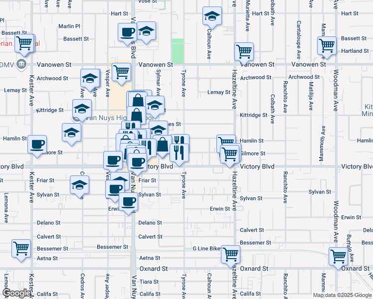 map of restaurants, bars, coffee shops, grocery stores, and more near 14259 Gilmore Street in Los Angeles