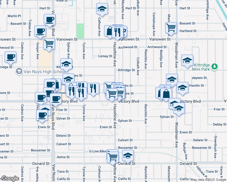map of restaurants, bars, coffee shops, grocery stores, and more near 14103 Gilmore Street in Los Angeles