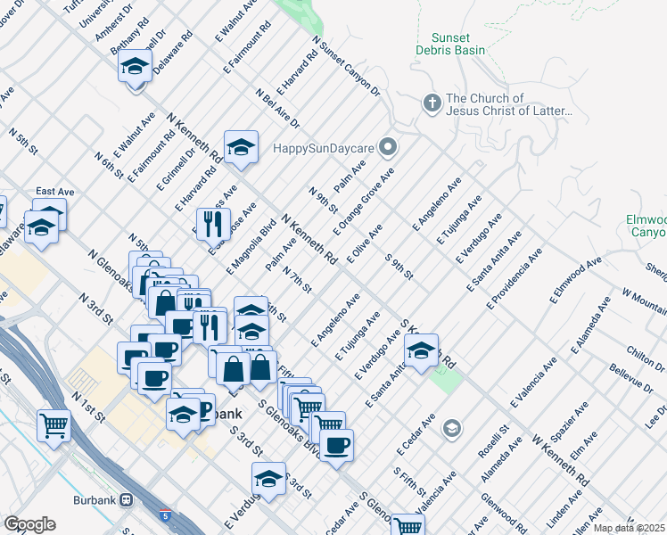 map of restaurants, bars, coffee shops, grocery stores, and more near 763 East Olive Avenue in Burbank
