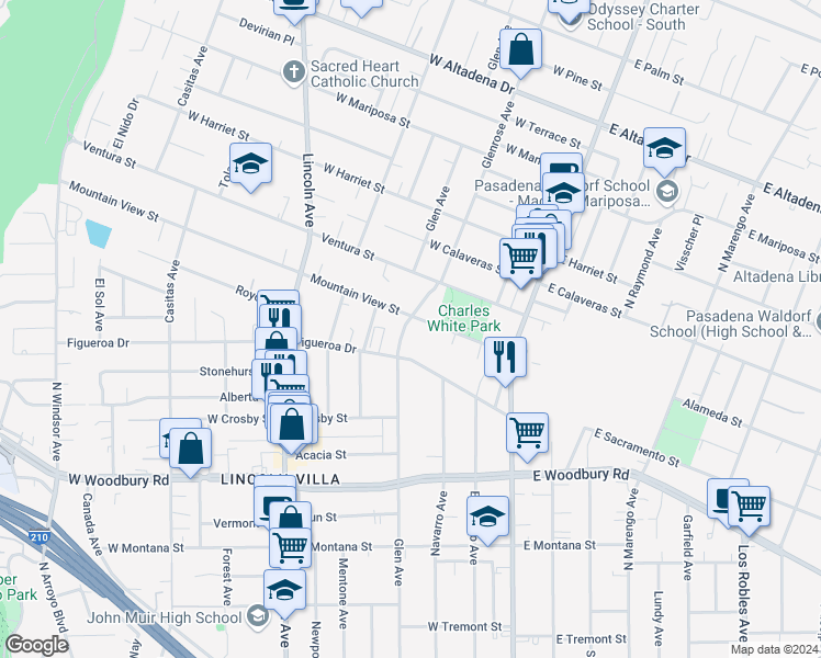 map of restaurants, bars, coffee shops, grocery stores, and more near 2460 Glenrose Avenue in Altadena