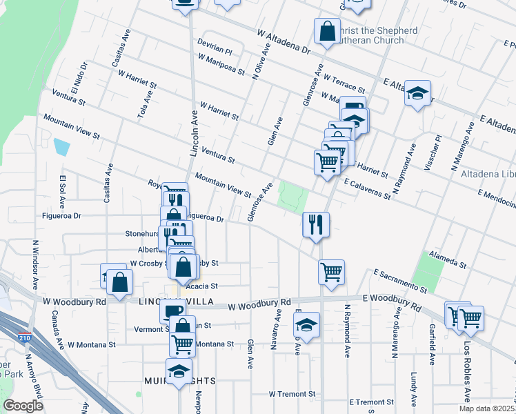 map of restaurants, bars, coffee shops, grocery stores, and more near 2460 Glenrose Avenue in Altadena