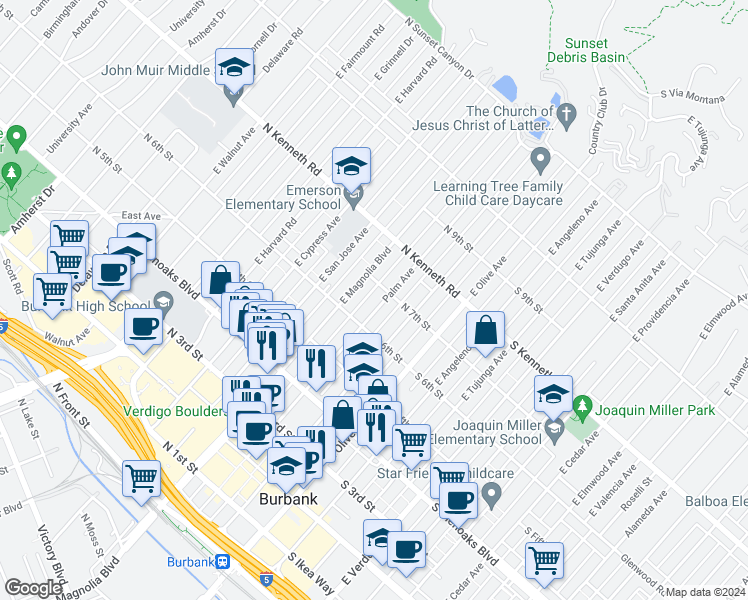map of restaurants, bars, coffee shops, grocery stores, and more near 311 North 7th Street in Burbank