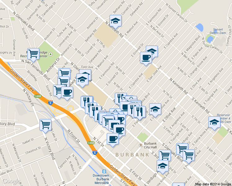 map of restaurants, bars, coffee shops, grocery stores, and more near 424 East Harvard Road in Burbank
