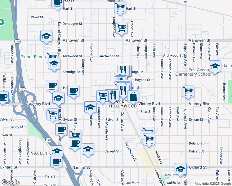 map of restaurants, bars, coffee shops, grocery stores, and more near 11725 Gilmore Street in Los Angeles