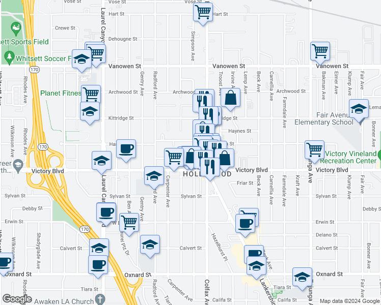 map of restaurants, bars, coffee shops, grocery stores, and more near 11725 Gilmore Street in Los Angeles