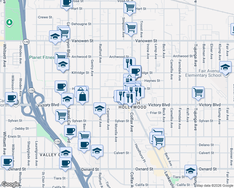 map of restaurants, bars, coffee shops, grocery stores, and more near 11755 Gilmore Street in North Hollywood