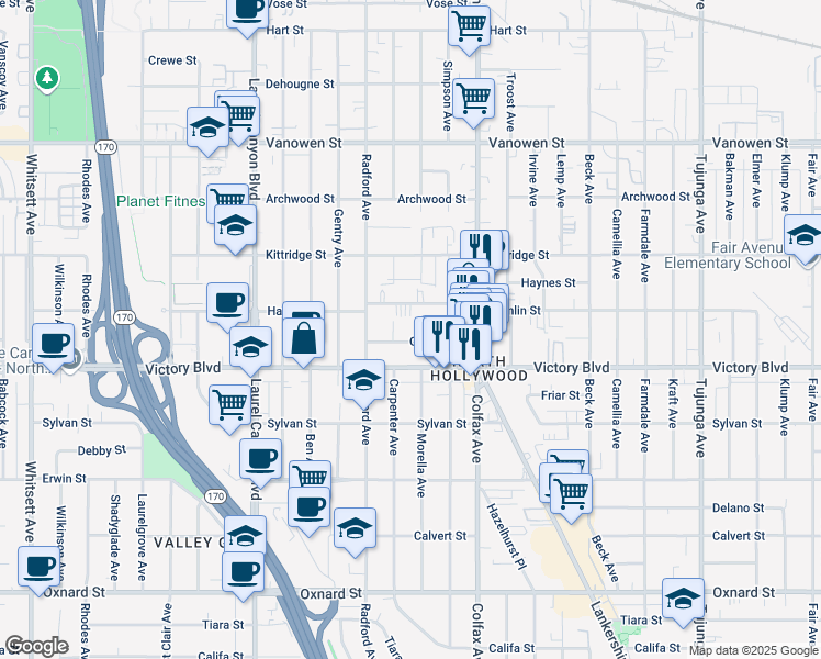 map of restaurants, bars, coffee shops, grocery stores, and more near in Los Angeles