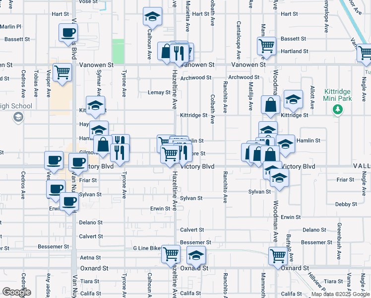 map of restaurants, bars, coffee shops, grocery stores, and more near 14025 Gilmore Street in Los Angeles